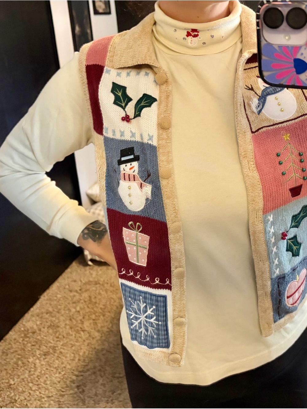 Bechamel Cream Patchwork Holiday Sweater Vest with Multicolor Panels